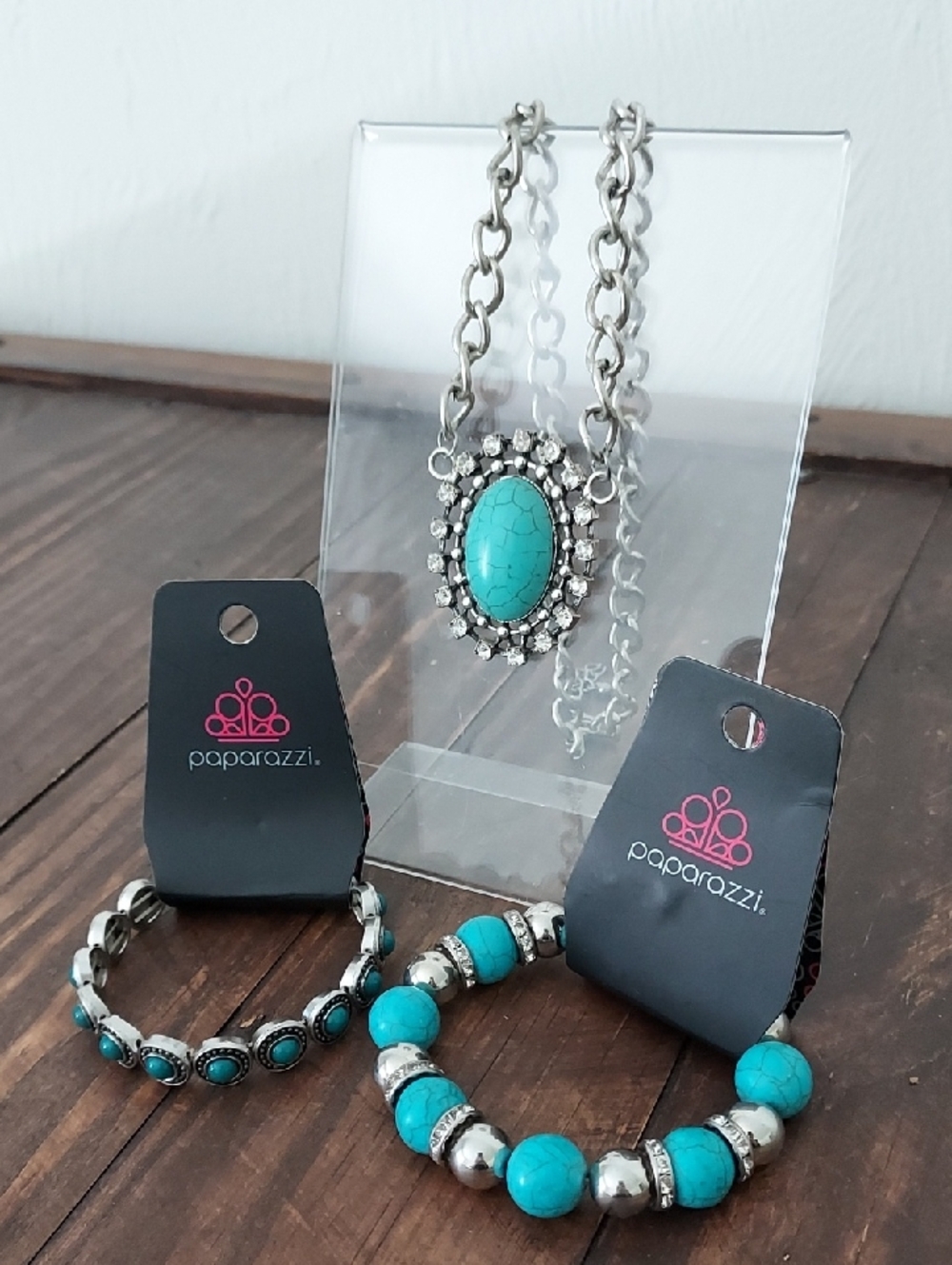 paparazzi Faux Turquoise & Silver Oval Pendant Necklace and Two NEW Bracelets